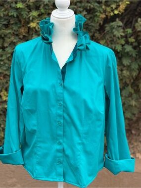 Coldwater Creek Teal Ruffle Collar Button-Down Shirt.